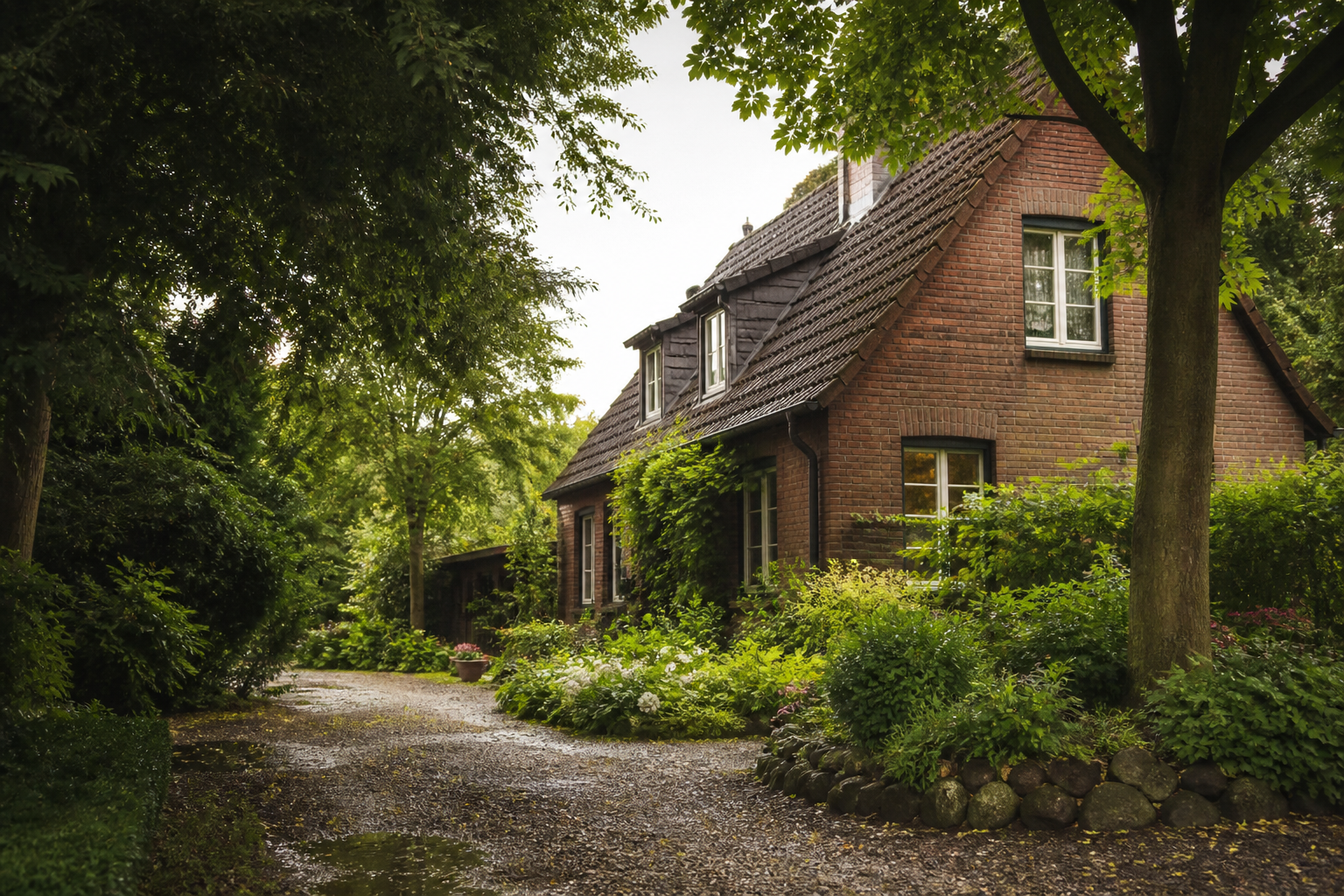 Generische KI-Illustration eines Hauses und Gartens; keine tatsächliche Erkelenzer Immobilie